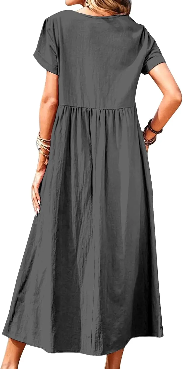Linen Dresses for Women Summer Crew Neck Short Sleeve Maxi Dress Comfy Breathable Pleat Hem Beach Dress with Pockets