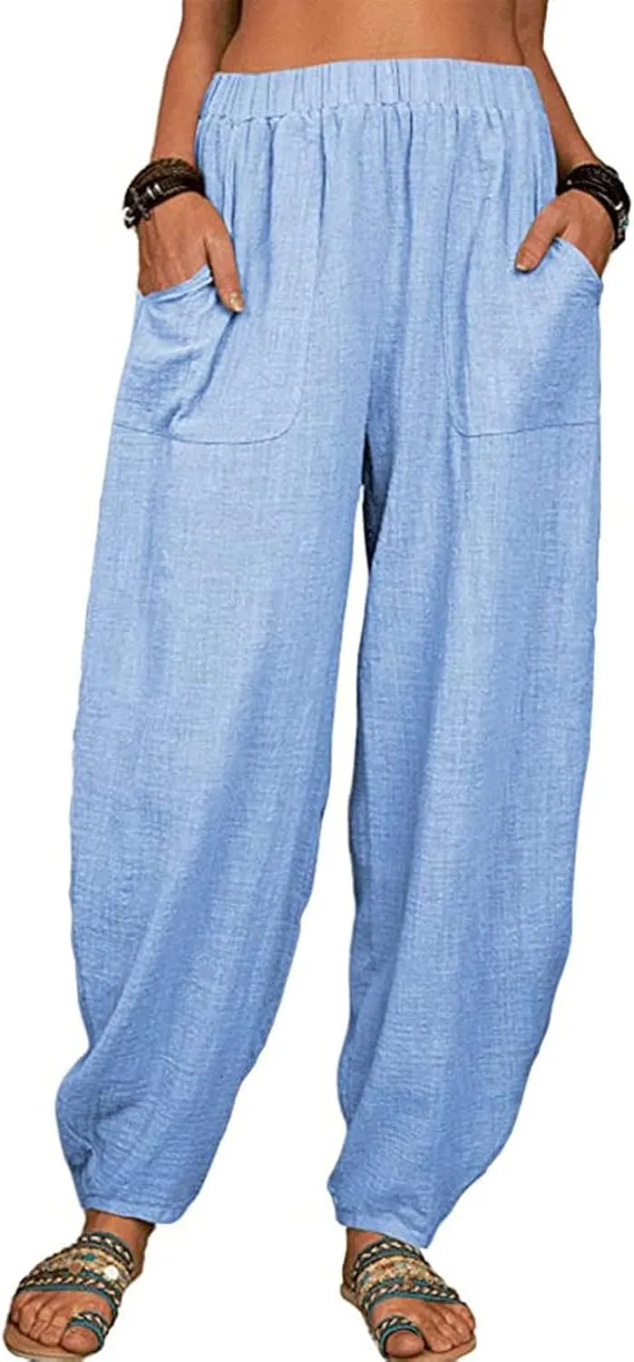 Linen Harem Pants for Women Summer Light Weight Quick Dry Pants Loose Wide Leg Trousers Pocket Elastic Waist Pants