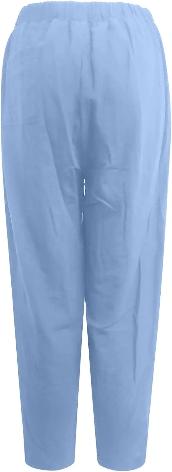Linen Harem Pants for Women Summer Light Weight Quick Dry Pants Loose Wide Leg Trousers Pocket Elastic Waist Pants