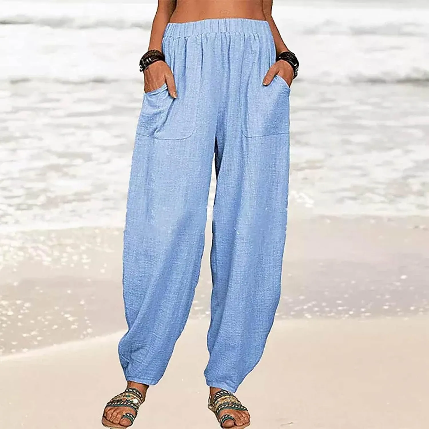 Linen Harem Pants for Women Summer Light Weight Quick Dry Pants Loose Wide Leg Trousers Pocket Elastic Waist Pants
