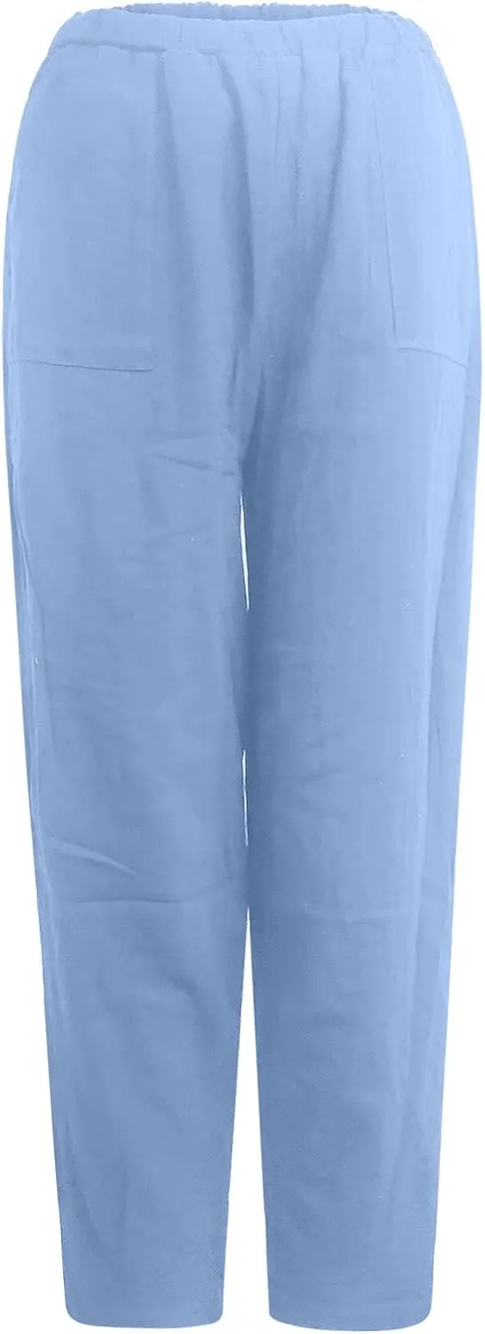 Linen Harem Pants for Women Summer Light Weight Quick Dry Pants Loose Wide Leg Trousers Pocket Elastic Waist Pants