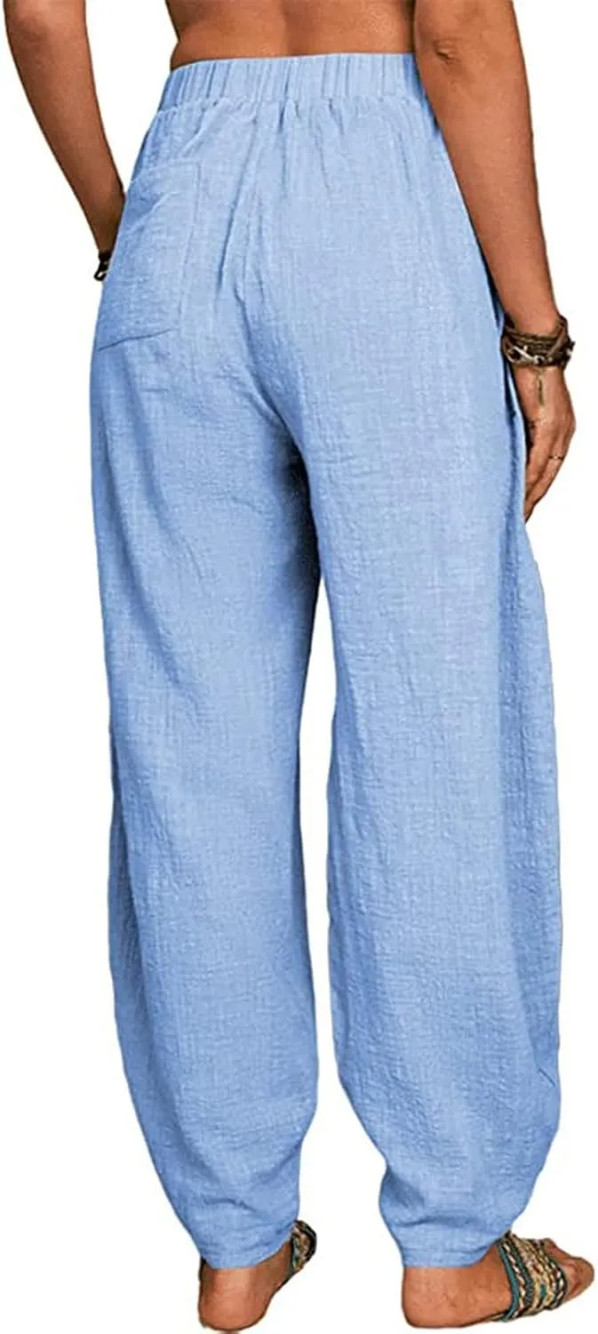 Linen Harem Pants for Women Summer Light Weight Quick Dry Pants Loose Wide Leg Trousers Pocket Elastic Waist Pants