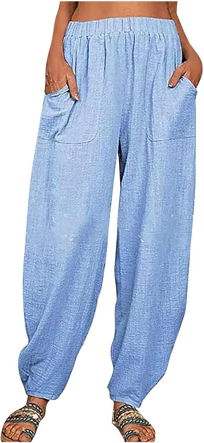 Linen Harem Pants for Women Summer Light Weight Quick Dry Pants Loose Wide Leg Trousers Pocket Elastic Waist Pants