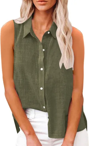 Linen Tank Tops for Women Button Down Sleeveless Shirts Collared V Neck Loose Blouse Summer Casual Lightweight Tees