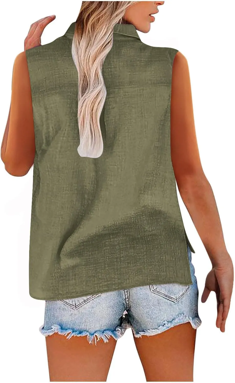 Linen Tank Tops for Women Button Down Sleeveless Shirts Collared V Neck Loose Blouse Summer Casual Lightweight Tees