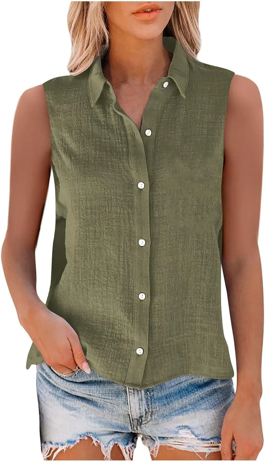 Linen Tank Tops for Women Button Down Sleeveless Shirts Collared V Neck Loose Blouse Summer Casual Lightweight Tees