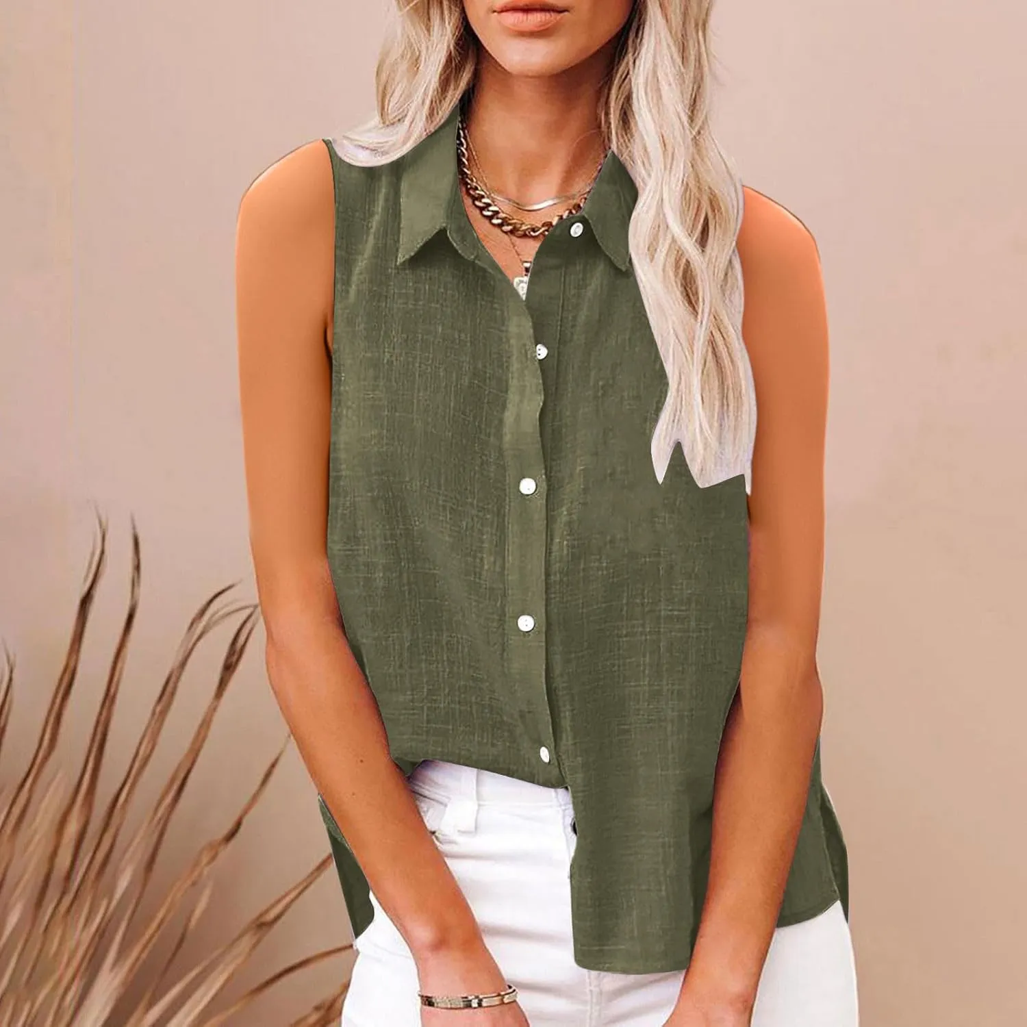 Linen Tank Tops for Women Button Down Sleeveless Shirts Collared V Neck Loose Blouse Summer Casual Lightweight Tees
