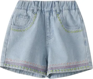 Little Girls Jean Shorts Denim Shorts Elastic Waist Drawstring Shorts for Girls 7-14 Years