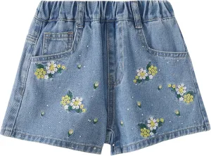 Little Girls Jean Shorts Denim Shorts Elastic Waist Drawstring Shorts for Girls 7-14 Years
