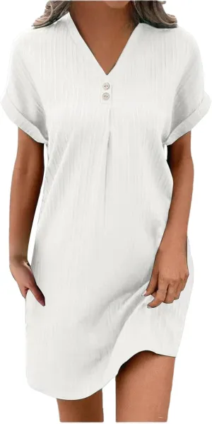 Loose Fit Dresses for Women V Neck Button Down Short Sleeve Tops Mini Dress Casual Soft Dresses Fashion Dressy Dress