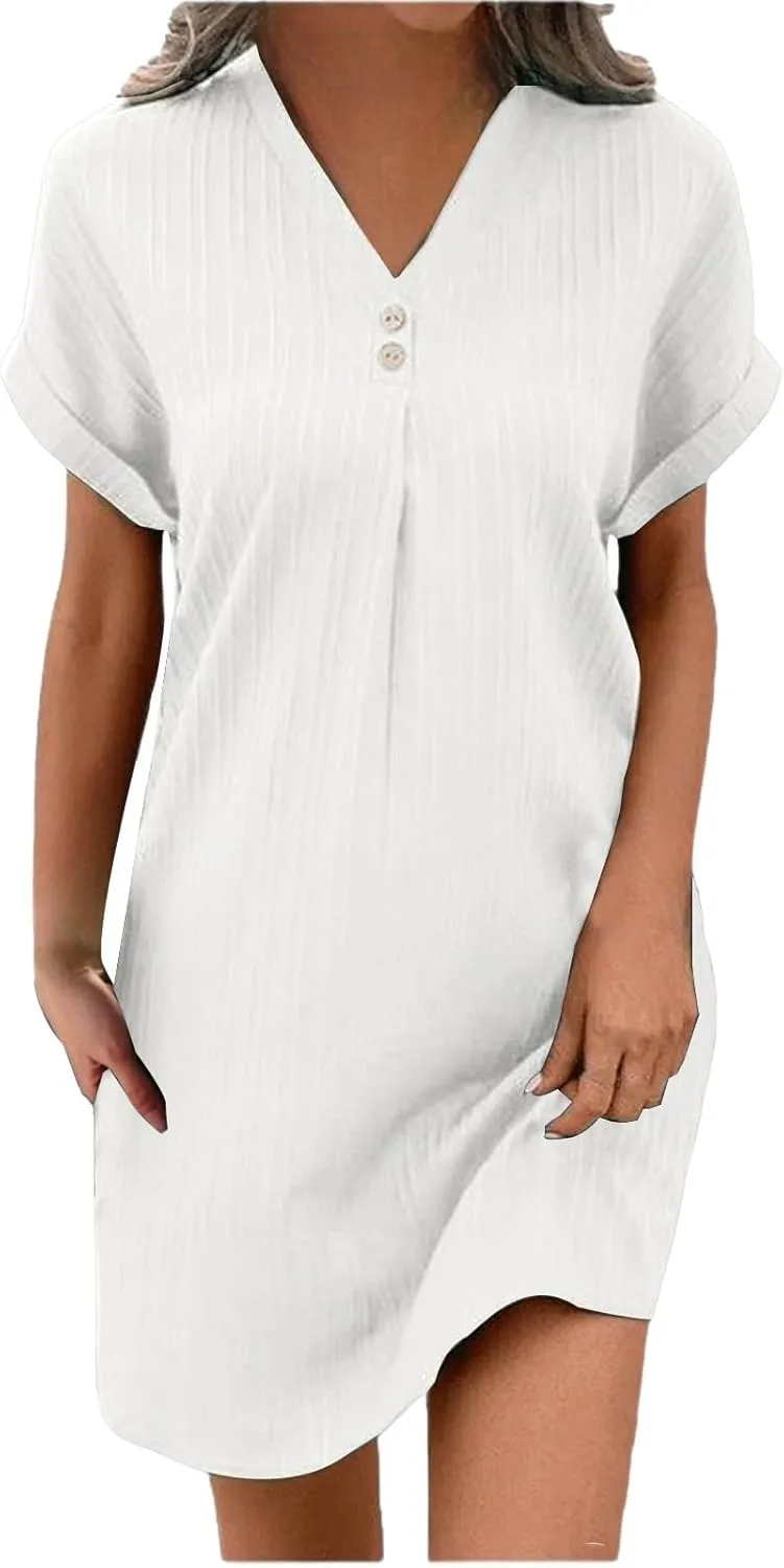 Loose Fit Dresses for Women V Neck Button Down Short Sleeve Tops Mini Dress Casual Soft Dresses Fashion Dressy Dress