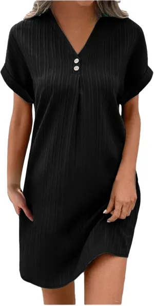 Loose Fit Dresses for Women V Neck Button Down Short Sleeve Tops Mini Dress Casual Soft Dresses Fashion Dressy Dress