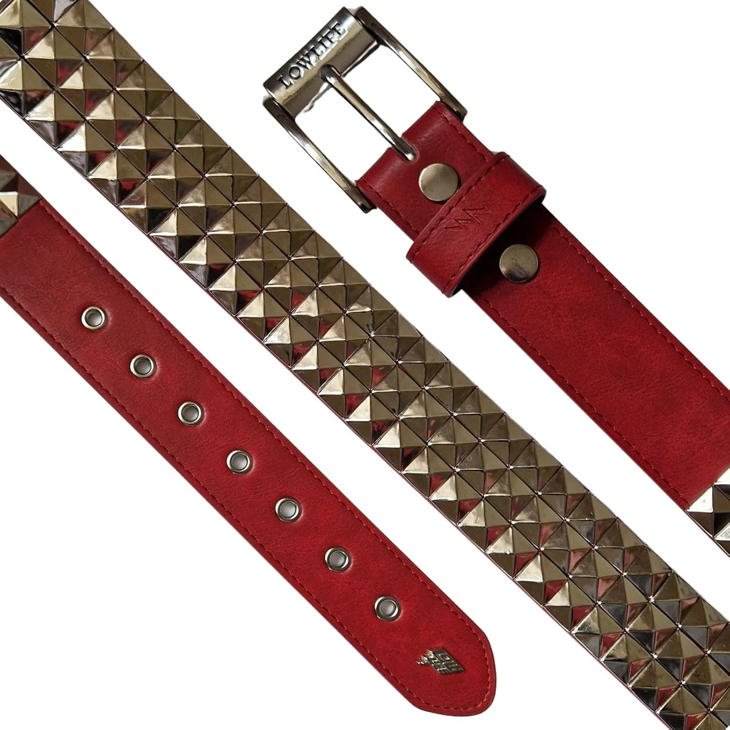 Lowlife of London Belts Triple S Studded 3 Row Pyramid Leather Belt, Studded Punk Goth Rock Pyramid Belt, Metal Stud