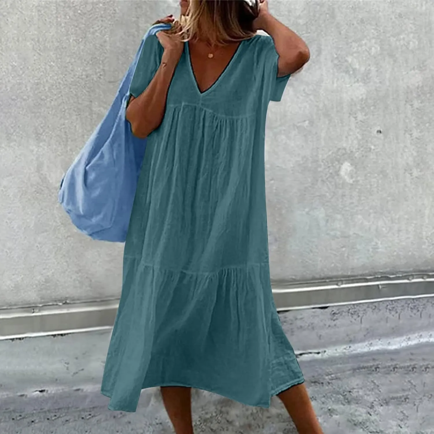 Lpmadey 2024 Women's Summer Casual T-Shirt Dresses V Neck Beach Cover up Ruffle Tiered Pleated Sundresses Boho Maxi Dress
