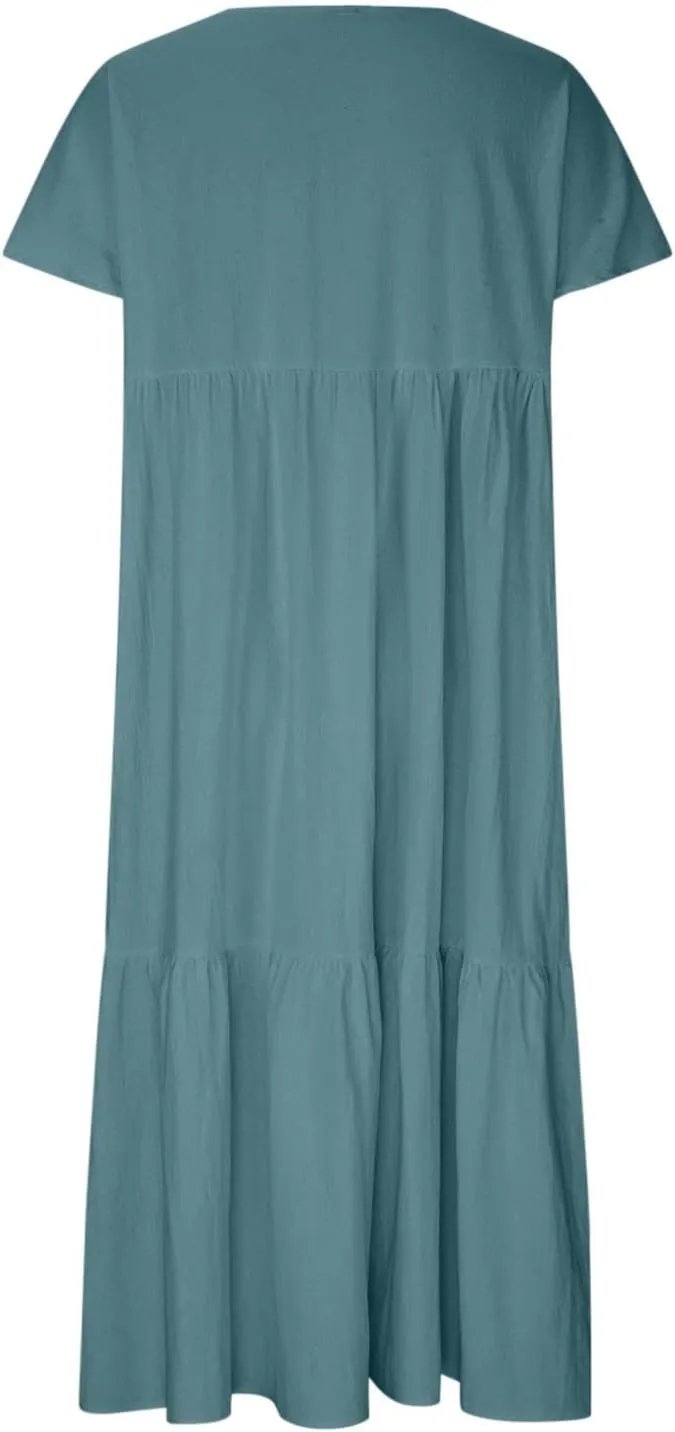 Lpmadey 2024 Women's Summer Casual T-Shirt Dresses V Neck Beach Cover up Ruffle Tiered Pleated Sundresses Boho Maxi Dress