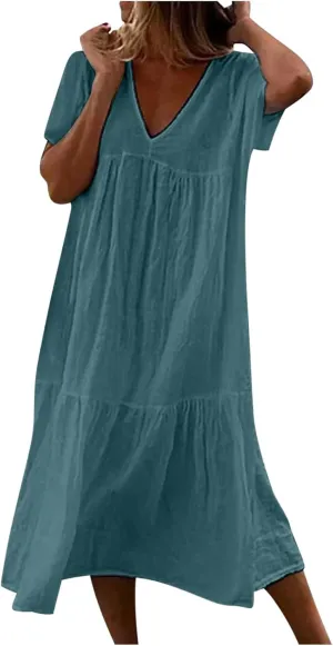 Lpmadey 2024 Women's Summer Casual T-Shirt Dresses V Neck Beach Cover up Ruffle Tiered Pleated Sundresses Boho Maxi Dress