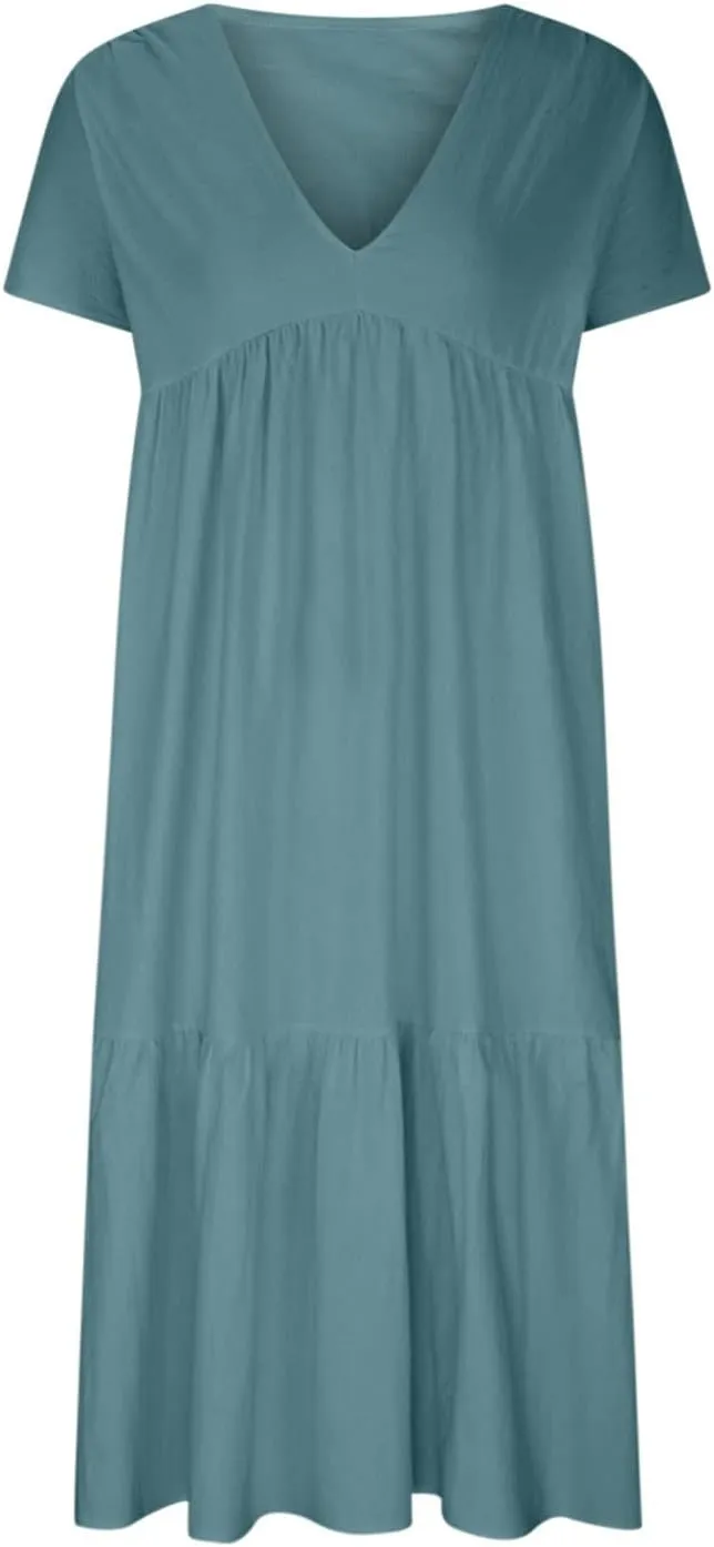 Lpmadey 2024 Women's Summer Casual T-Shirt Dresses V Neck Beach Cover up Ruffle Tiered Pleated Sundresses Boho Maxi Dress