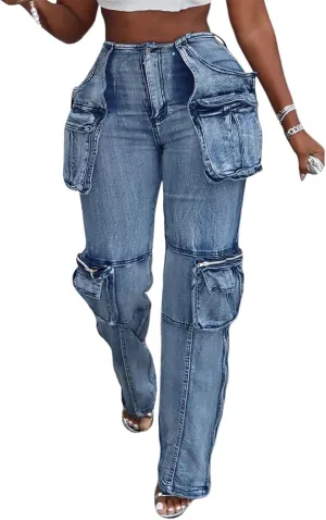 Lucuna Cargo Jeans for Women Y2K High Waist Baggy Jeans Multi-Pockets Straight Leg Cargo Pants