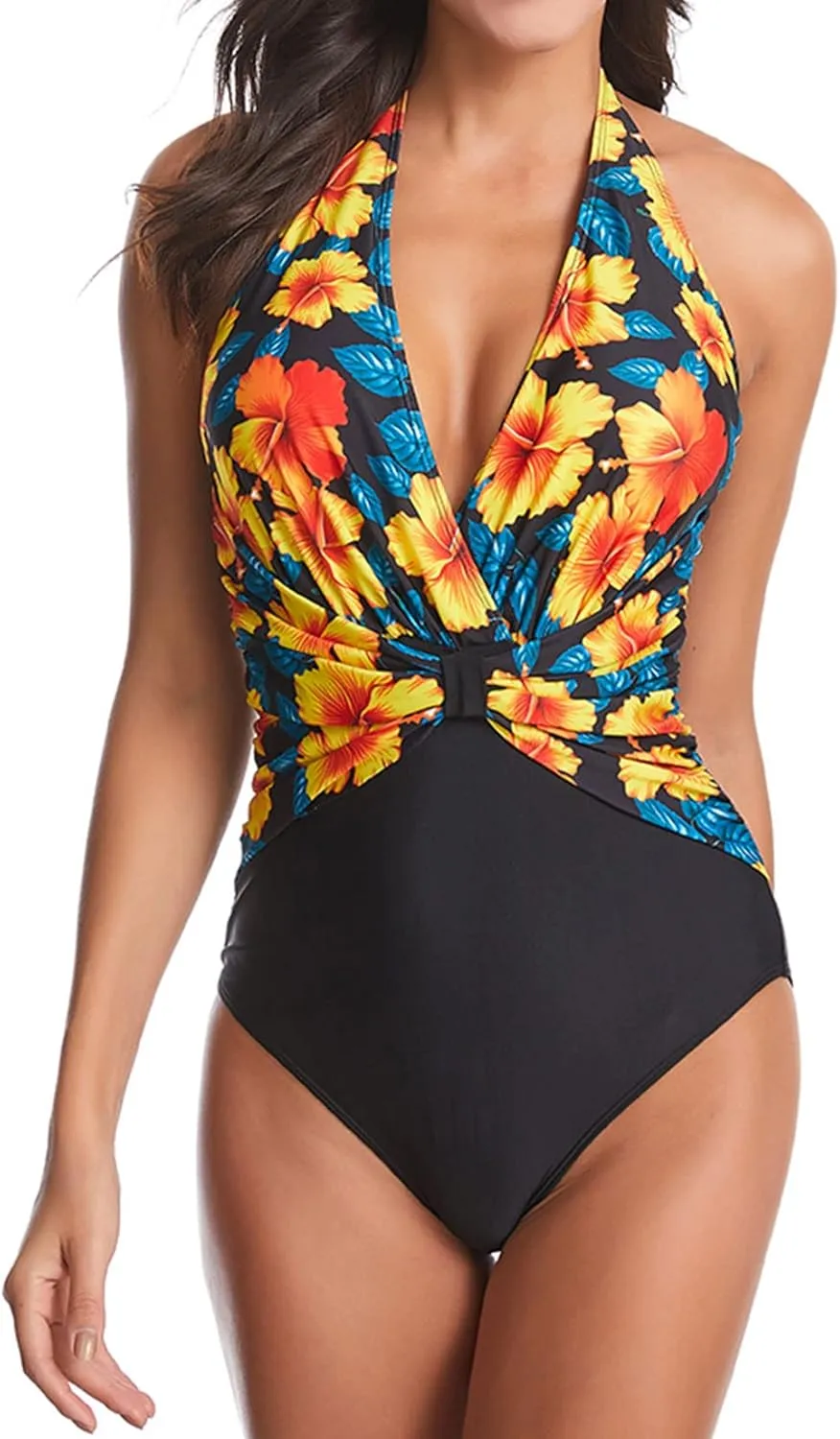 Lu's Chic Women's Halter One Piece Swimsuit Plunge Deep V Neck Monikini Bathing Suit Ruched Shirred