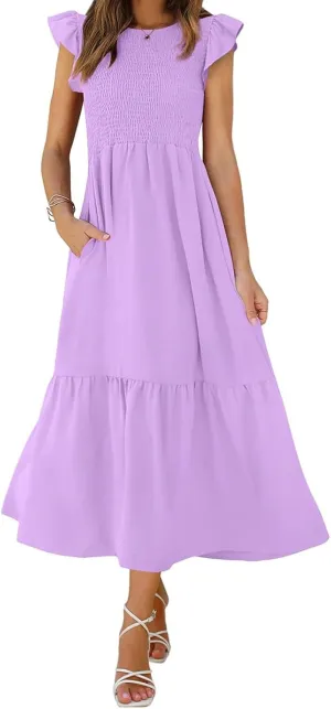 Maxi Dresses for Women 2025 Ruffle Sleeve Crewneck Maxi Casual Dressy Waist Dresses Summer Swing Modest Dress