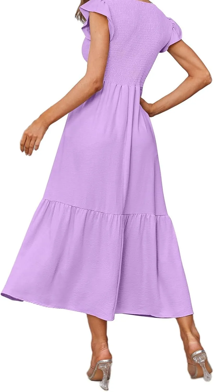 Maxi Dresses for Women 2025 Ruffle Sleeve Crewneck Maxi Casual Dressy Waist Dresses Summer Swing Modest Dress