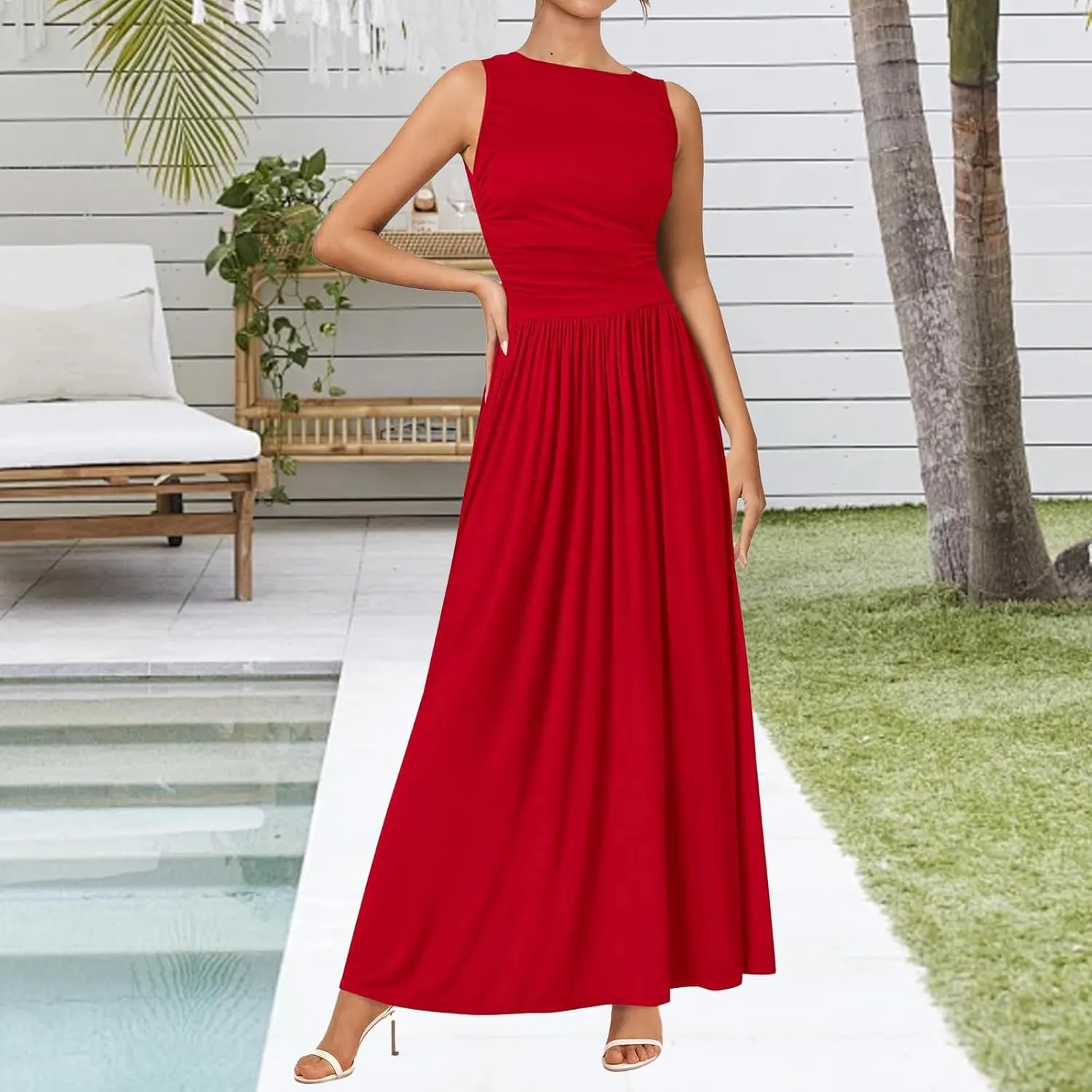 Maxi Dresses for Women 2025 Sleeveless Crewneck Tank Dress A line Pleated Flowy Dresses Elegant Wedding Guest Dress
