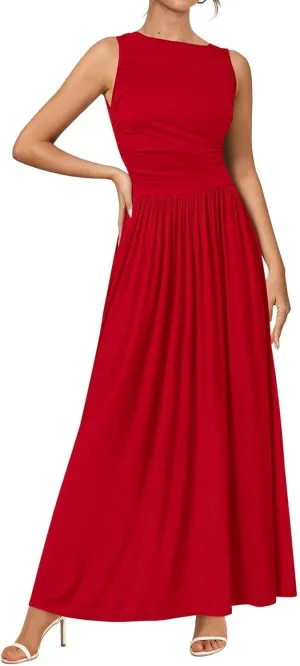 Maxi Dresses for Women 2025 Sleeveless Crewneck Tank Dress A line Pleated Flowy Dresses Elegant Wedding Guest Dress