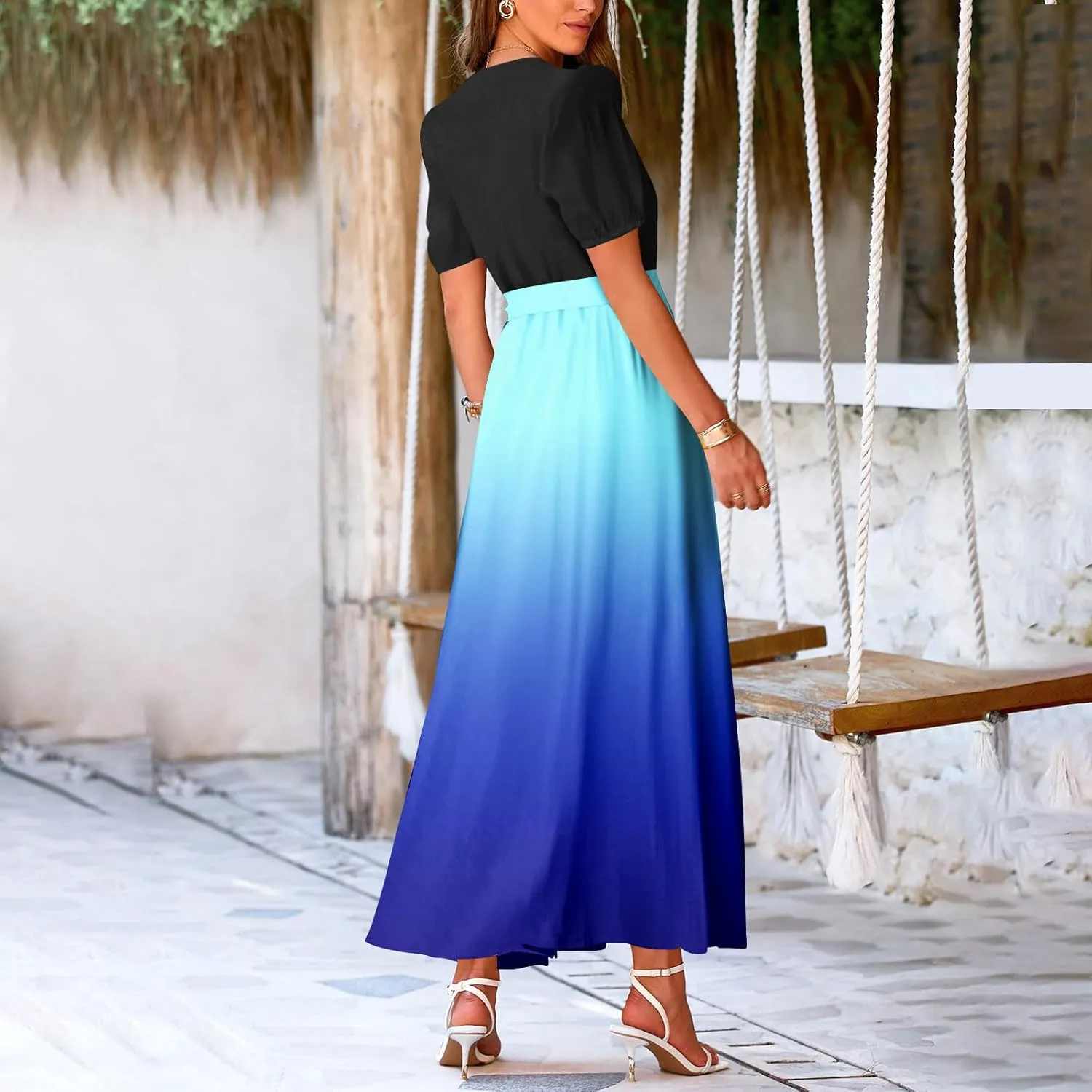 Maxi Dresses for Women 2025 Summer V Neck Floral Maxi Dress Trendy Short Sleeve Split A Line Long Dresses with Belt