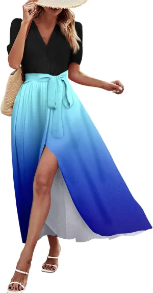 Maxi Dresses for Women 2025 Summer V Neck Floral Maxi Dress Trendy Short Sleeve Split A Line Long Dresses with Belt