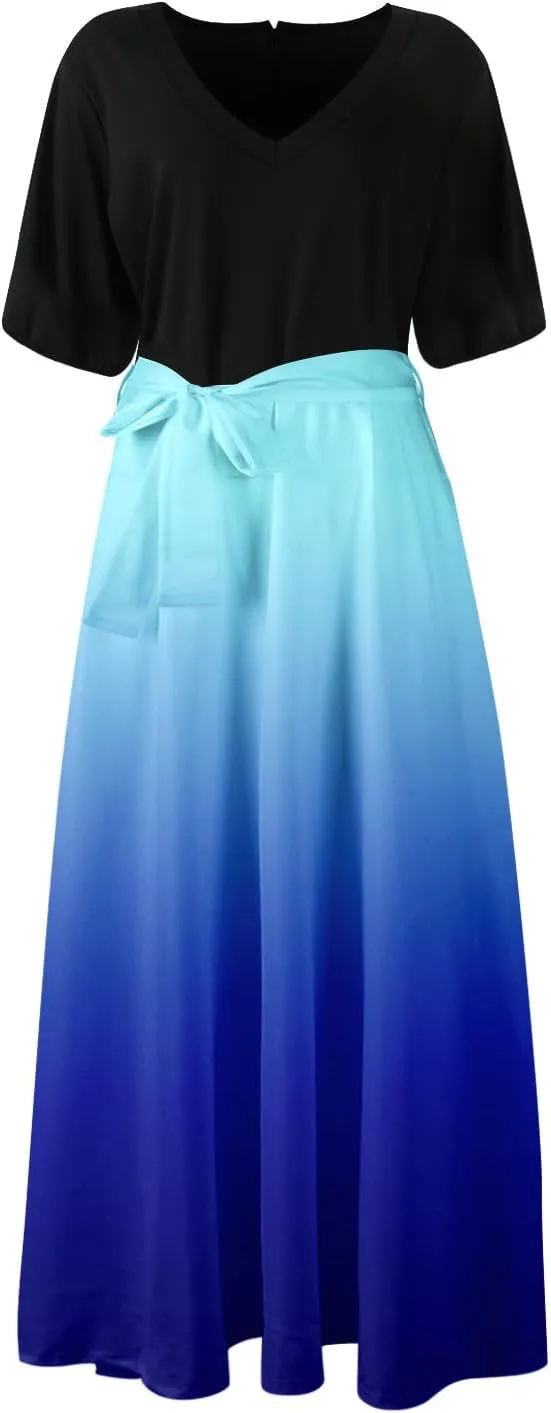 Maxi Dresses for Women 2025 Summer V Neck Floral Maxi Dress Trendy Short Sleeve Split A Line Long Dresses with Belt