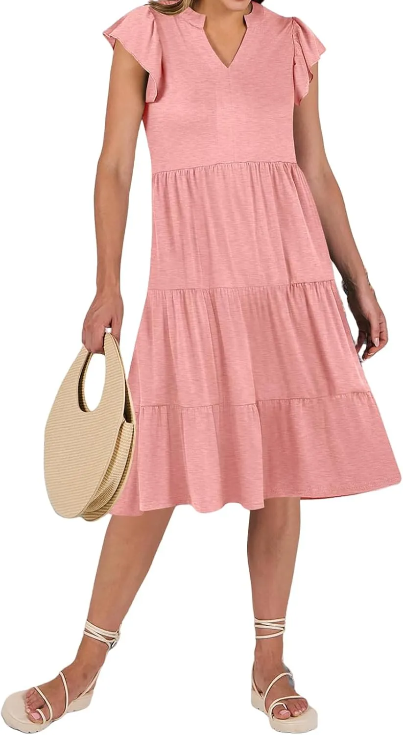 Maxi Dresses for Women 2025 Sundress Ruffle Sleeve V Neck Dress Ruched Elegant Swing Dress with Pocket
