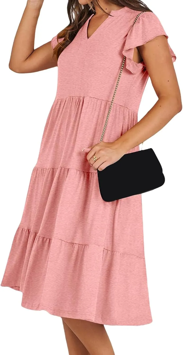Maxi Dresses for Women 2025 Sundress Ruffle Sleeve V Neck Dress Ruched Elegant Swing Dress with Pocket