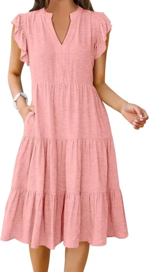 Maxi Dresses for Women 2025 Sundress Ruffle Sleeve V Neck Dress Ruched Elegant Swing Dress with Pocket