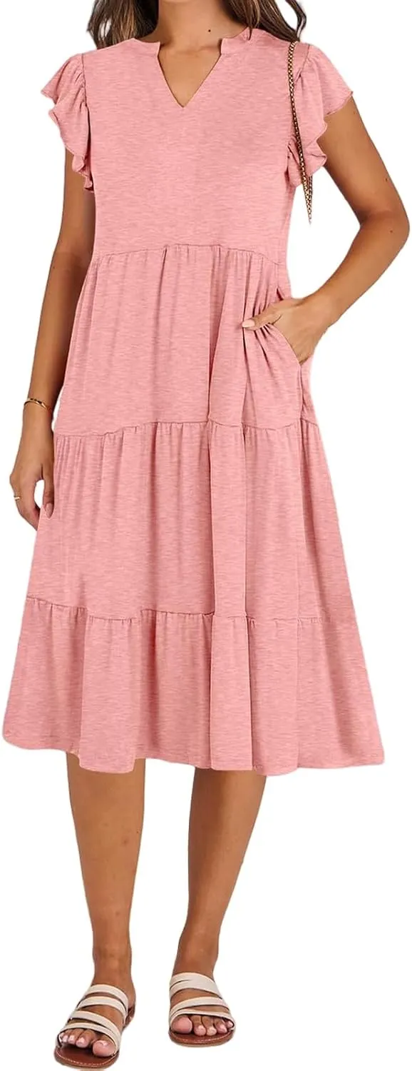 Maxi Dresses for Women 2025 Sundress Ruffle Sleeve V Neck Dress Ruched Elegant Swing Dress with Pocket