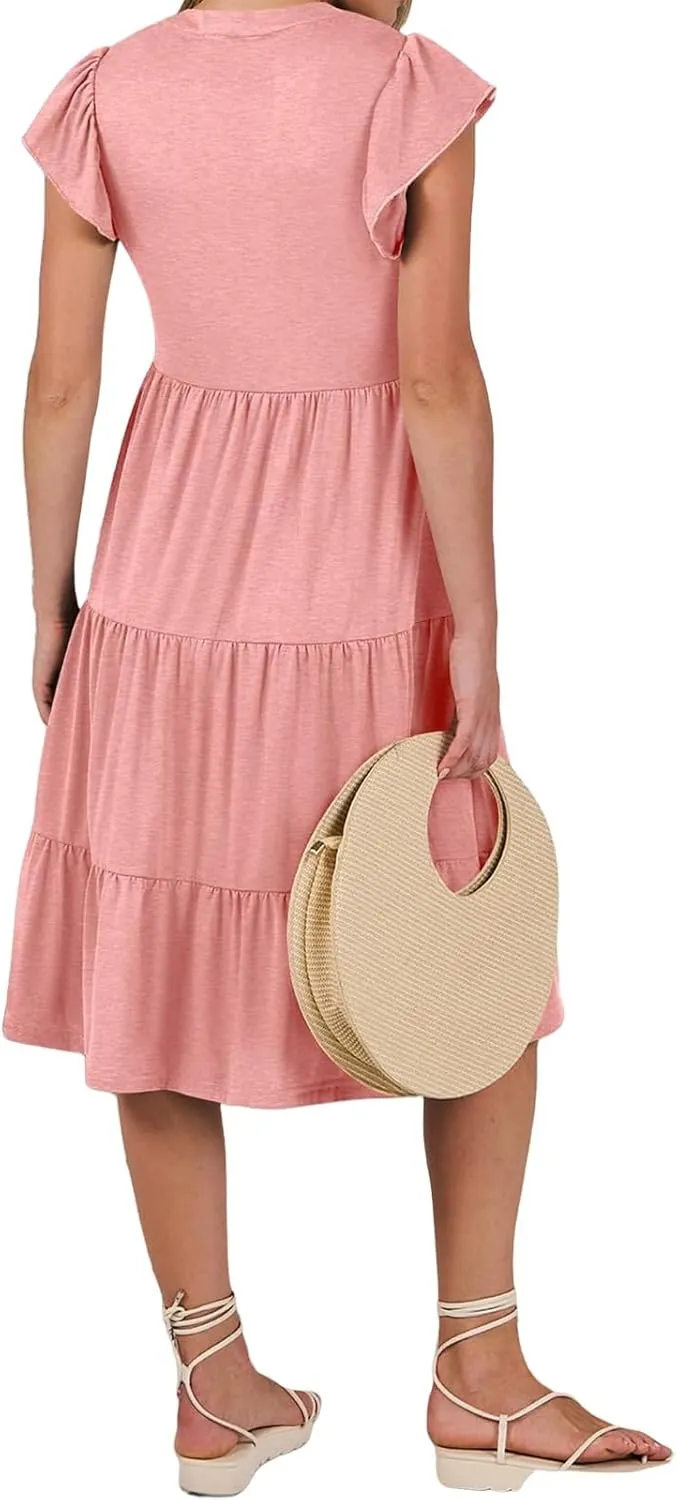 Maxi Dresses for Women 2025 Sundress Ruffle Sleeve V Neck Dress Ruched Elegant Swing Dress with Pocket
