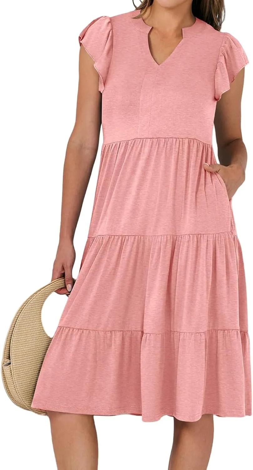 Maxi Dresses for Women 2025 Sundress Ruffle Sleeve V Neck Dress Ruched Elegant Swing Dress with Pocket