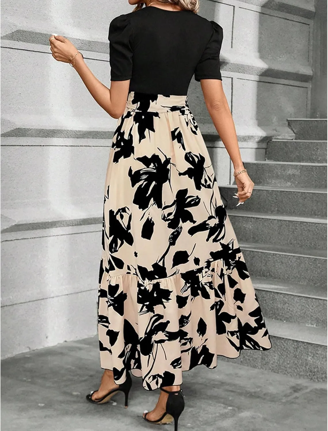 Maxi Dresses for Women Casual Floral Print High Waist Beach Long Flowy Dress Elegant Sundress with Belt