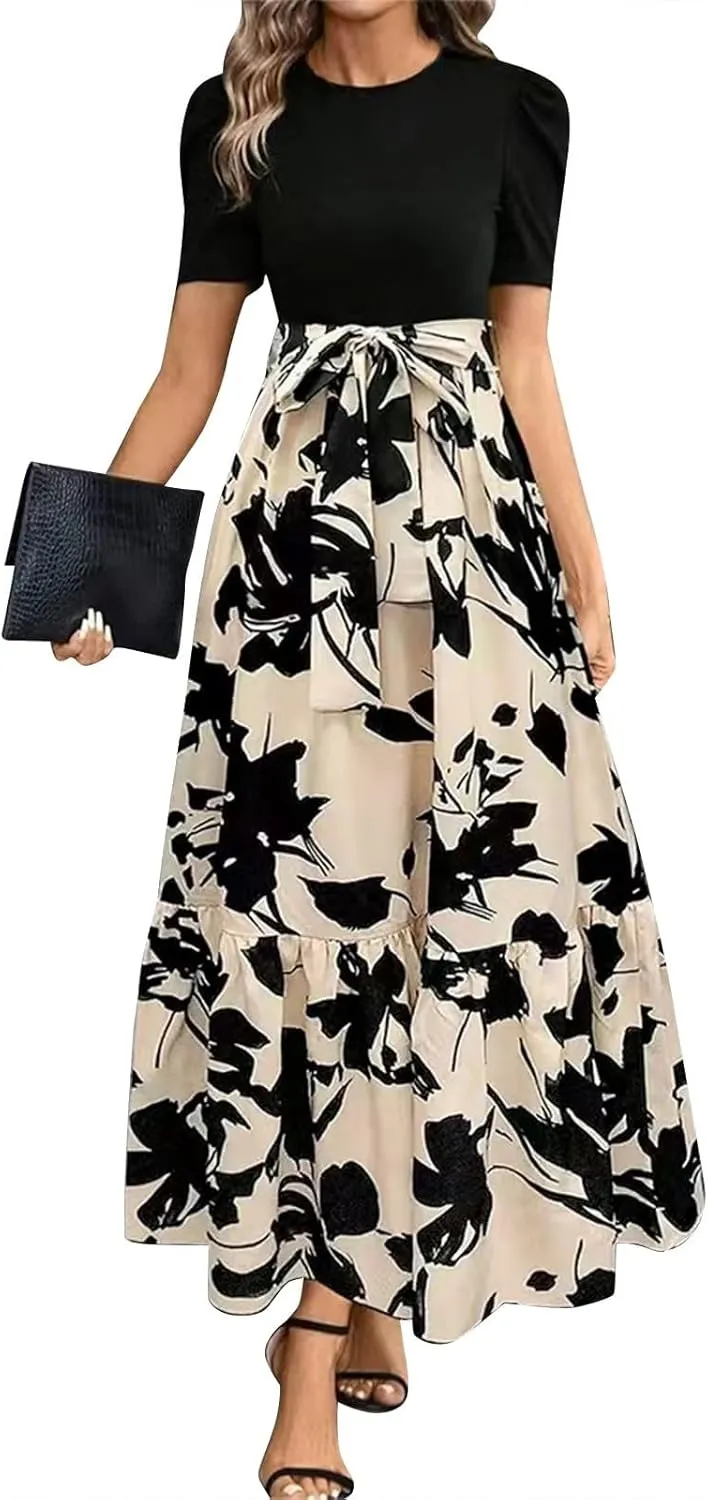 Maxi Dresses for Women Casual Floral Print High Waist Beach Long Flowy Dress Elegant Sundress with Belt