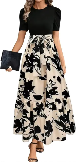 Maxi Dresses for Women Casual Floral Print High Waist Beach Long Flowy Dress Elegant Sundress with Belt
