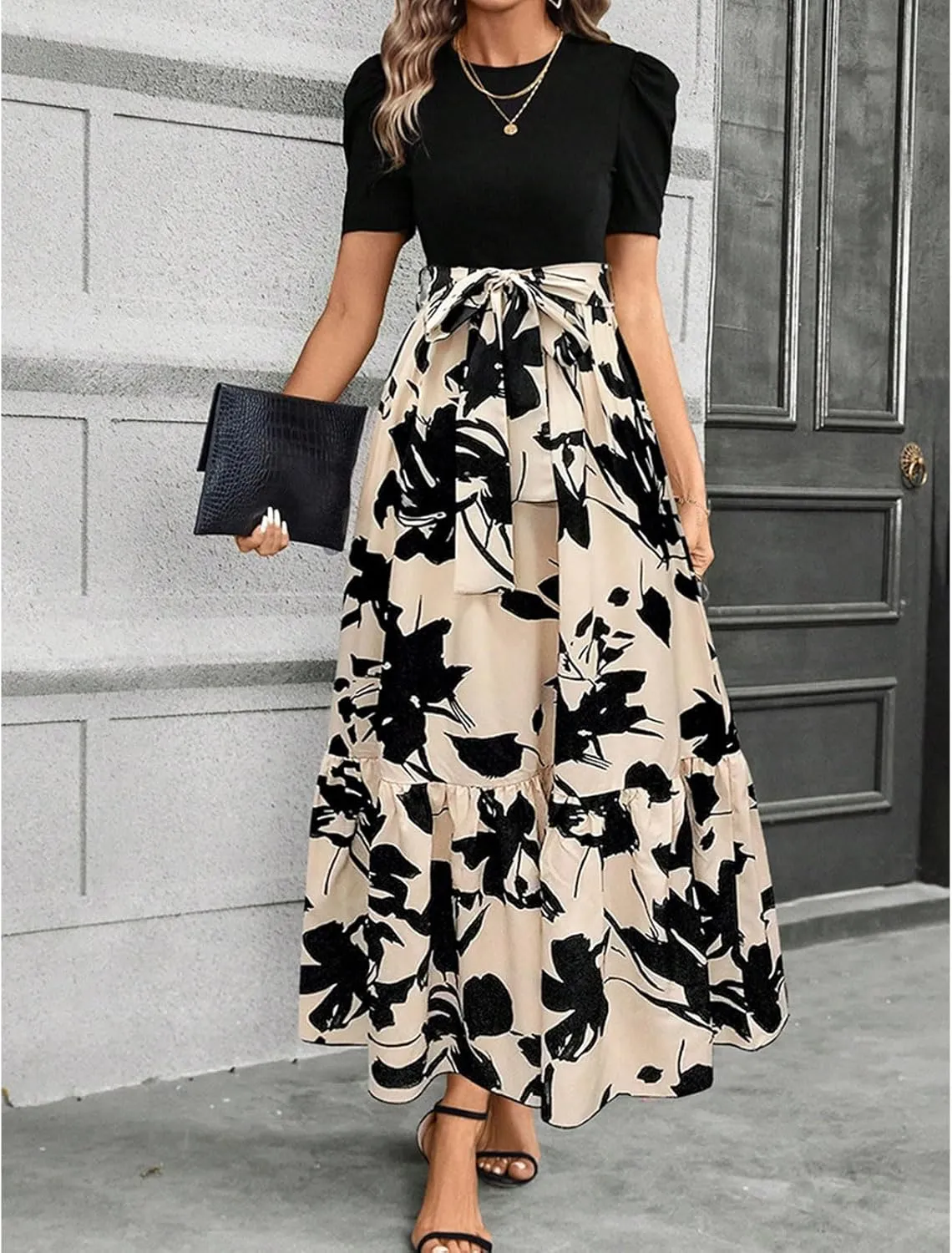 Maxi Dresses for Women Casual Floral Print High Waist Beach Long Flowy Dress Elegant Sundress with Belt