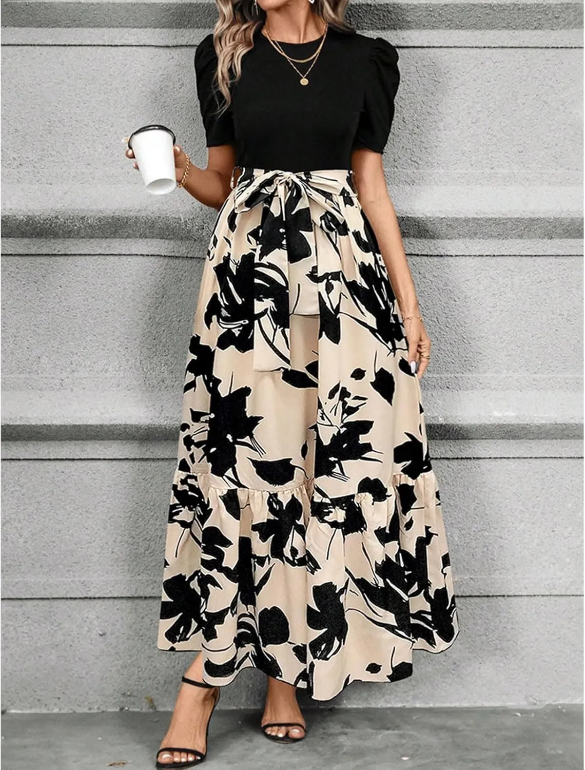 Maxi Dresses for Women Casual Floral Print High Waist Beach Long Flowy Dress Elegant Sundress with Belt
