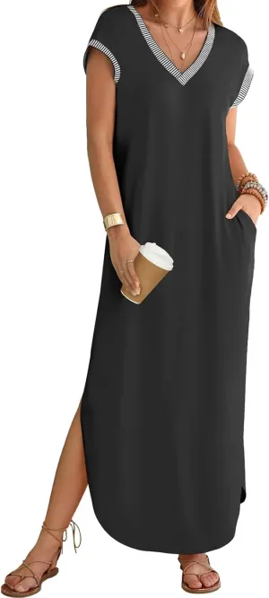 Maxi Dresses for Women Loose Fit Sundress Short Sleeve V Neck Tops Dresses Casual Split Beach Summer Dress 2025
