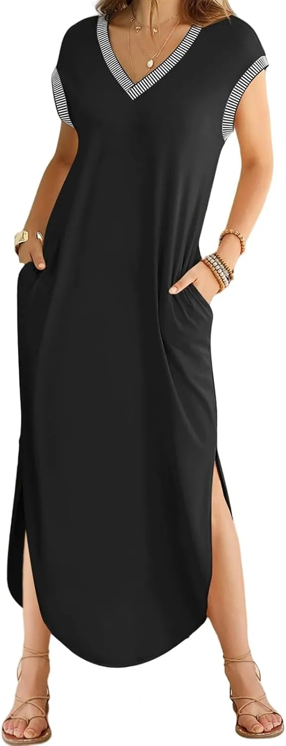 Maxi Dresses for Women Loose Fit Sundress Short Sleeve V Neck Tops Dresses Casual Split Beach Summer Dress 2025
