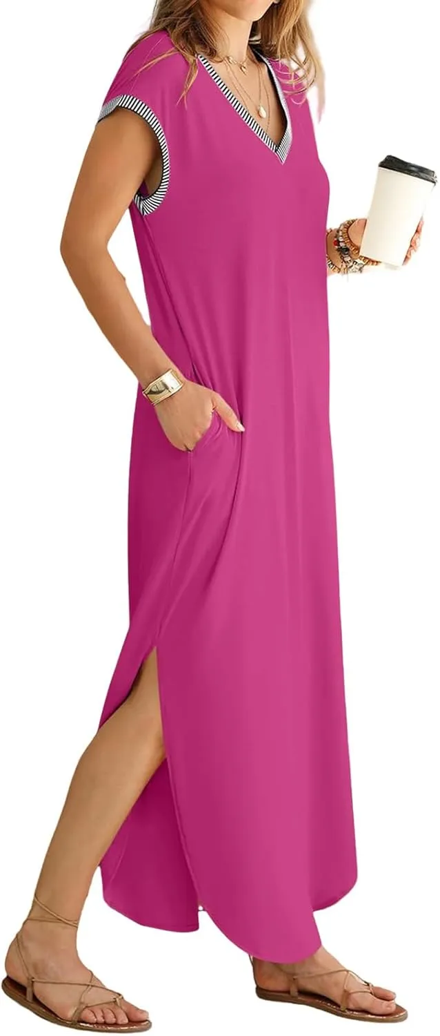 Maxi Dresses for Women Loose Fit Sundress Short Sleeve V Neck Tops Dresses Casual Split Beach Summer Dress 2025