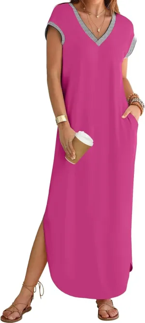 Maxi Dresses for Women Loose Fit Sundress Short Sleeve V Neck Tops Dresses Casual Split Beach Summer Dress 2025