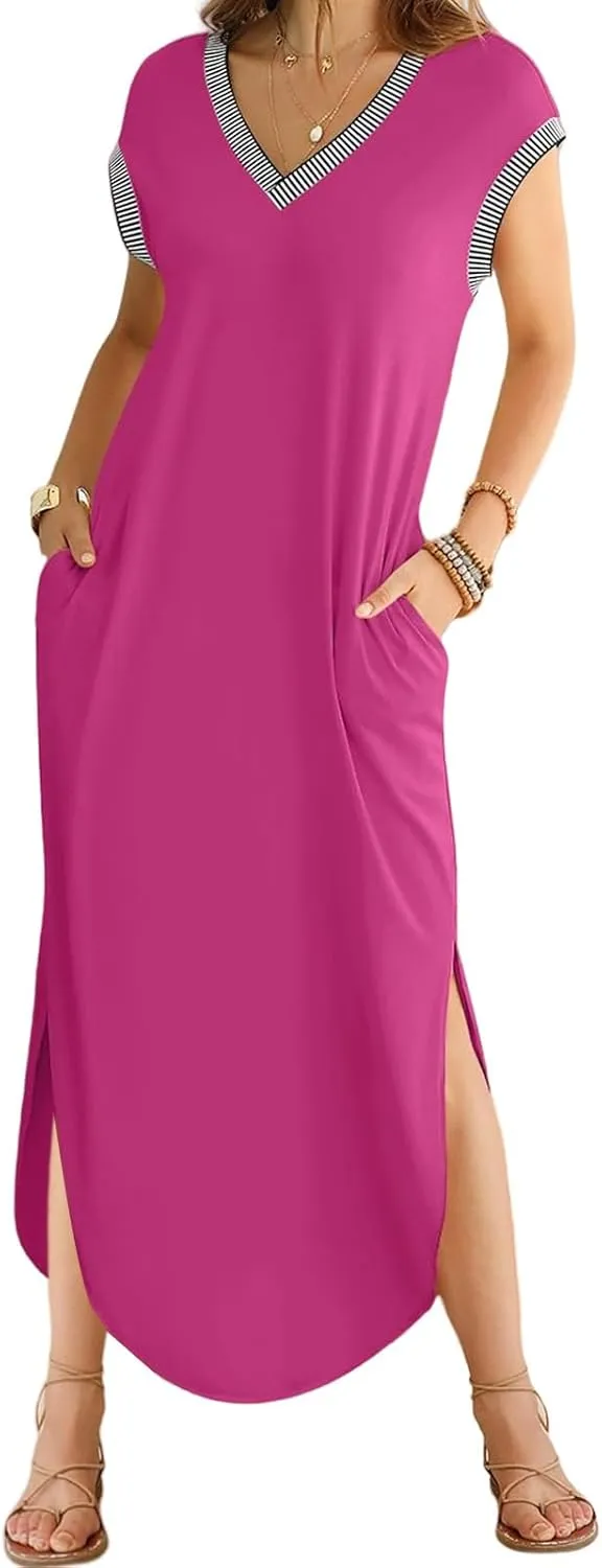 Maxi Dresses for Women Loose Fit Sundress Short Sleeve V Neck Tops Dresses Casual Split Beach Summer Dress 2025