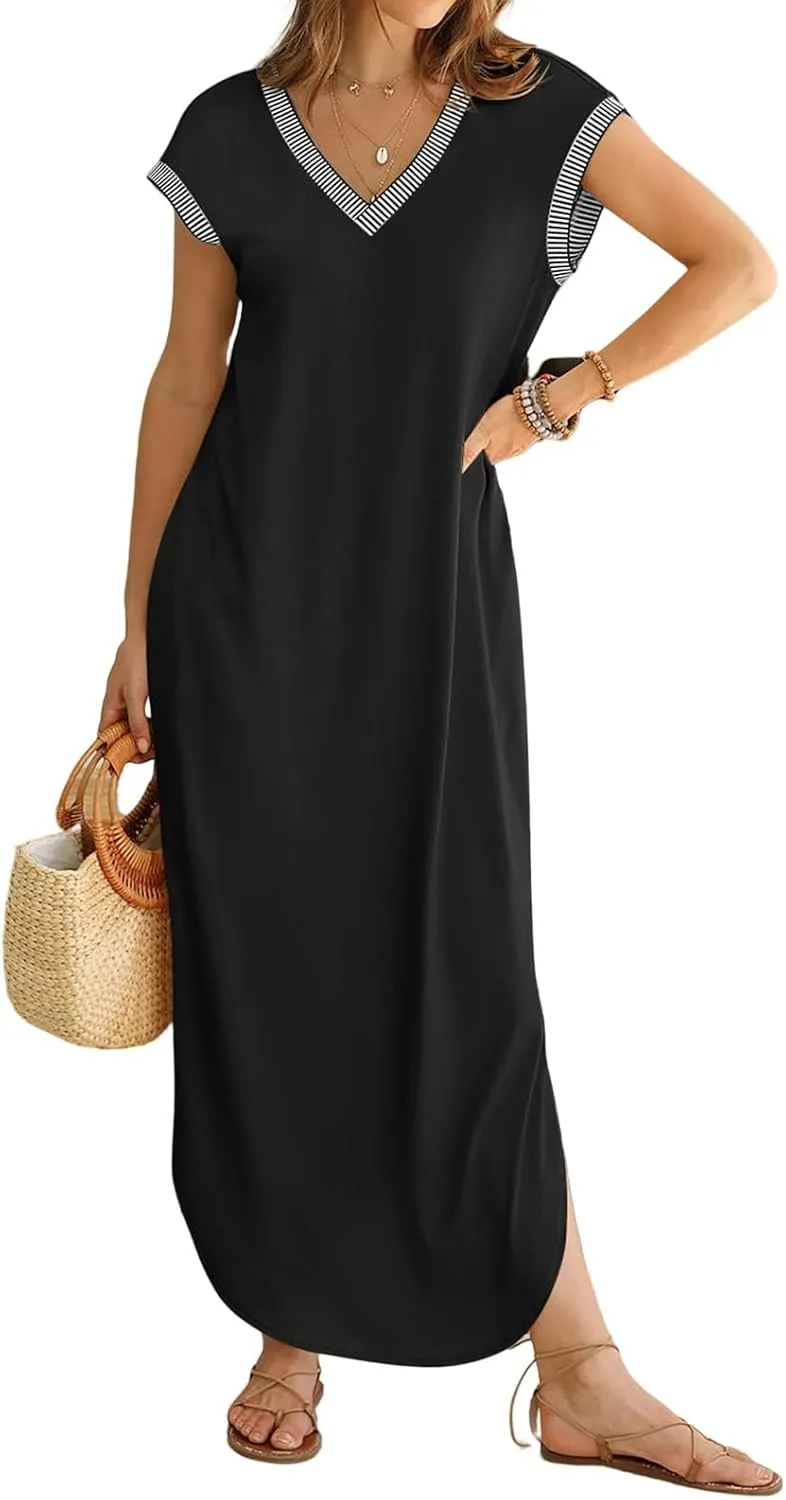 Maxi Dresses for Women Loose Fit Sundress Short Sleeve V Neck Tops Dresses Casual Split Beach Summer Dress 2025