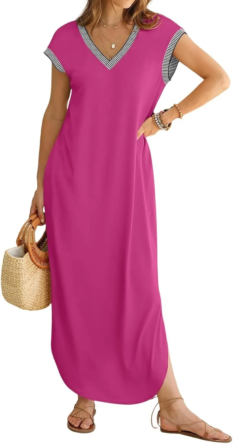 Maxi Dresses for Women Loose Fit Sundress Short Sleeve V Neck Tops Dresses Casual Split Beach Summer Dress 2025