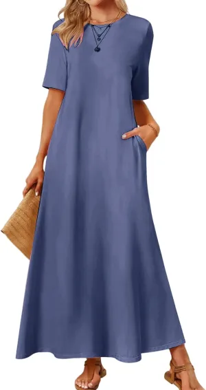 Maxi Dressess for Women Summer Crewneck Short Sleeve Maxi Dress Casual Dressy Flowy Flutter Ruffle Hem Dress 2025