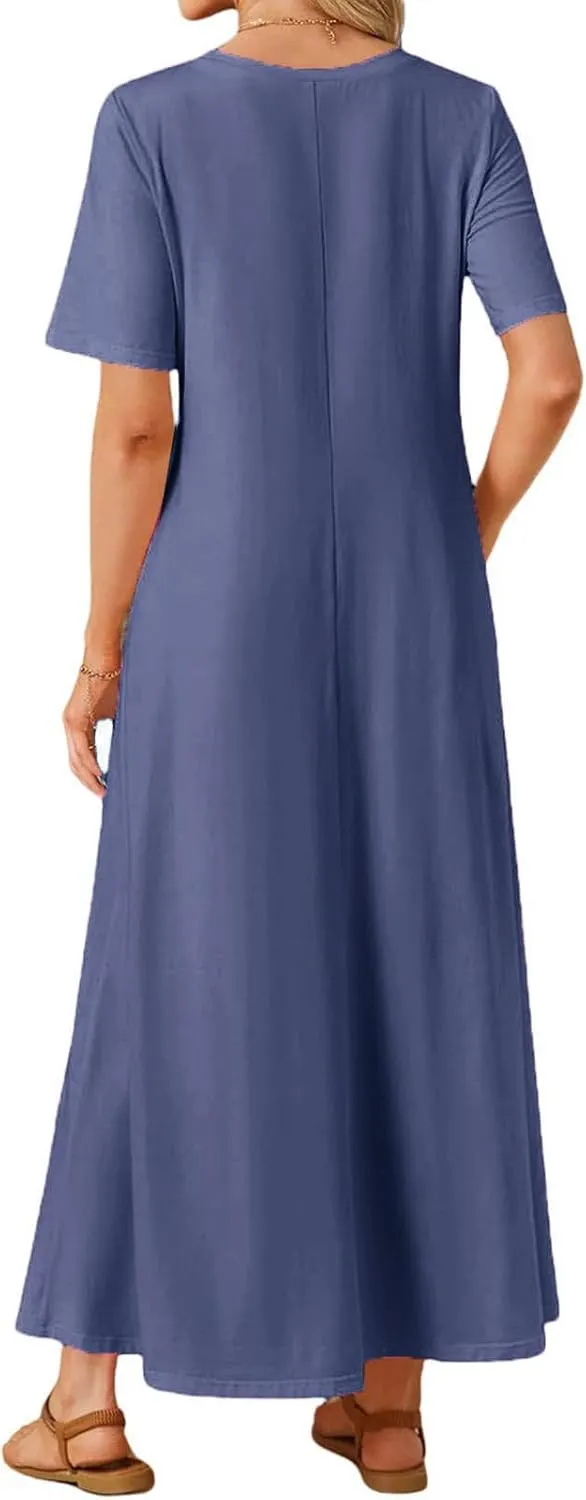 Maxi Dressess for Women Summer Crewneck Short Sleeve Maxi Dress Casual Dressy Flowy Flutter Ruffle Hem Dress 2025